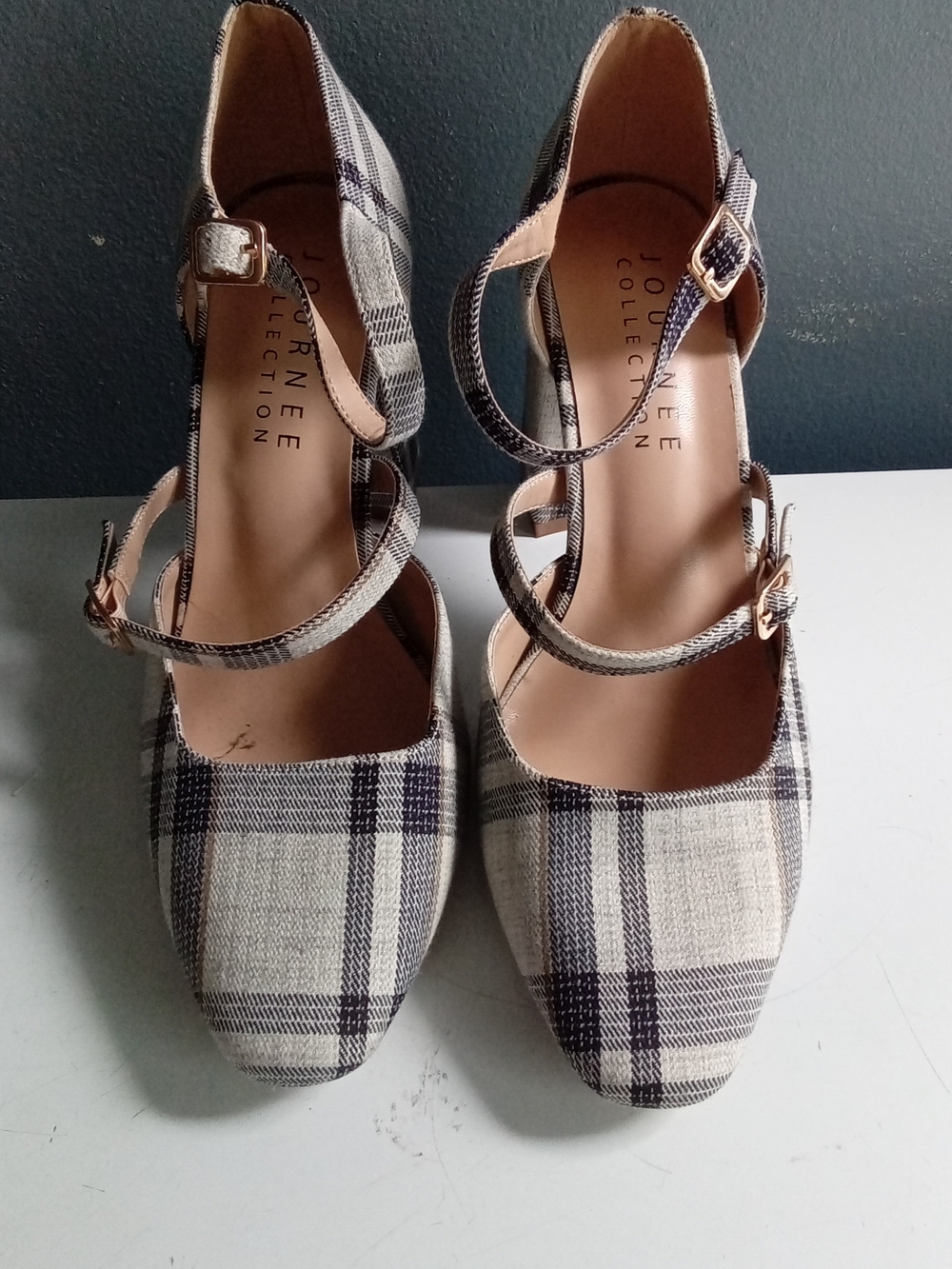 Journee Collection Beige and Navy Plaid Ankle-Strap Heels